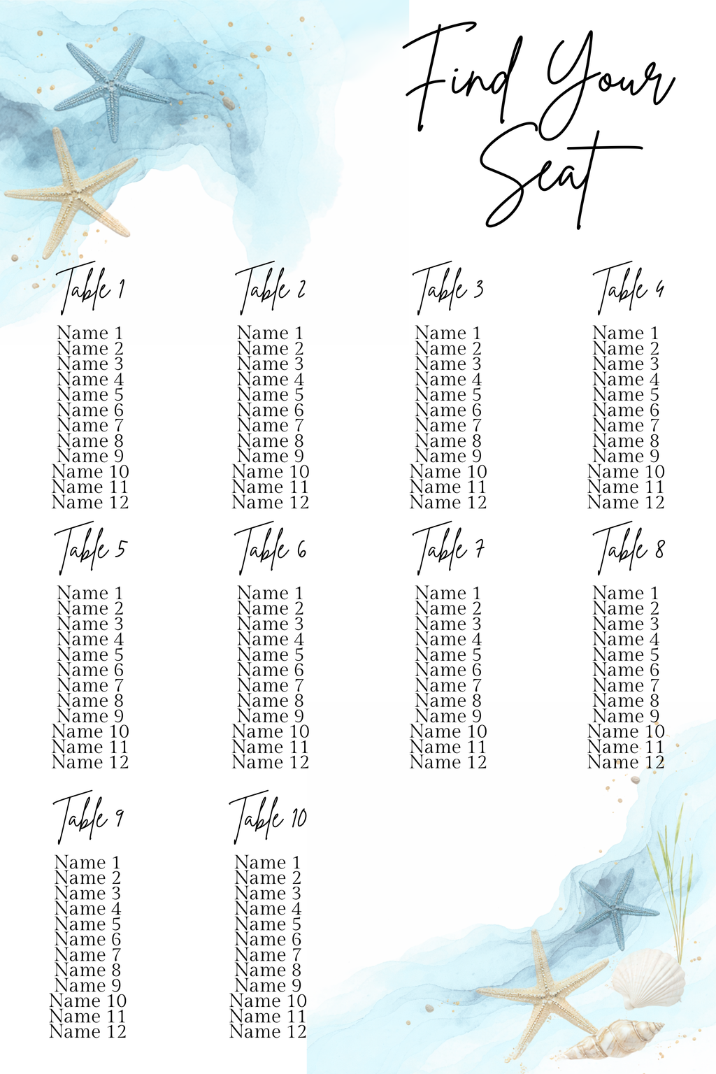 Personalized Beach Style Seating Chart